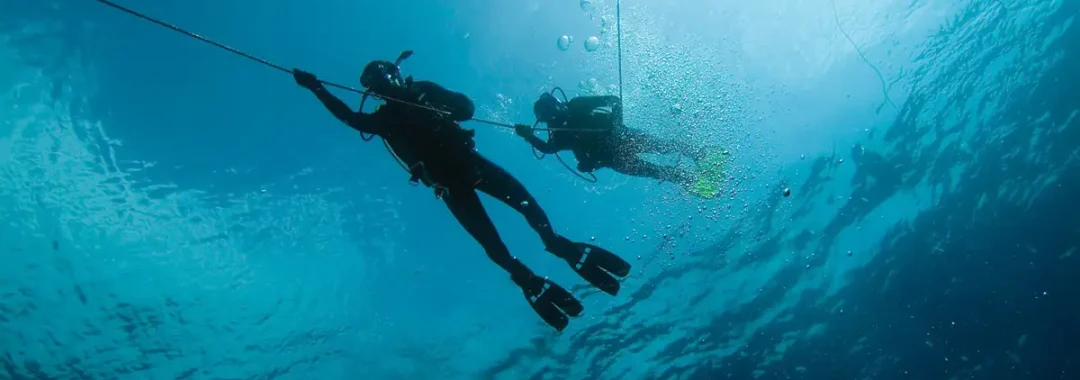 Divers descending on a line beneath a dive boat during professional scuba training
